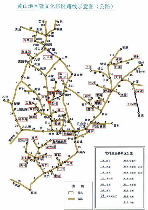 黄山地区徽文化景区路线示意图